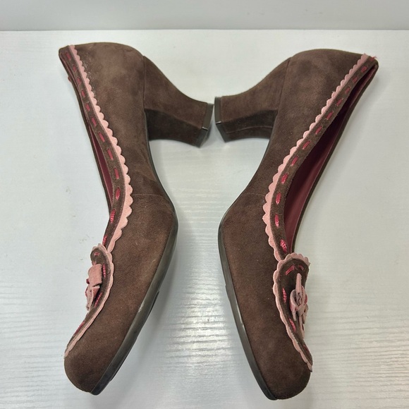 Vince Camuto Chocolate Brown Suede Pink Bow Heels Size 8.5 - Picture 7 of 15